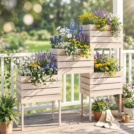 Lit pour jardin surélevé avec 4 pots de plantes de 50x30x60cm, en bois couleur naturelle (1/5)