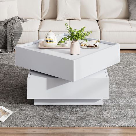 DESMIU Table basse pivotante avec 2 tiroirs et 2 niches de rangement, pour salon, blanc, 60 × 60 × 38 cm (1/5)
