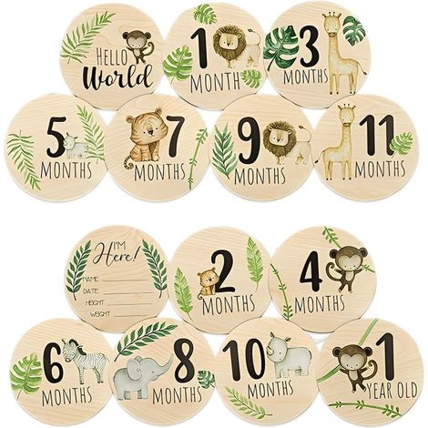 Baby-Holzscheiben – 7 Stück – Naturholz – Beidseitig bedruckt mit Tiermotiven – Geschenk zur Babyparty – Mehrfarbig (1/5)