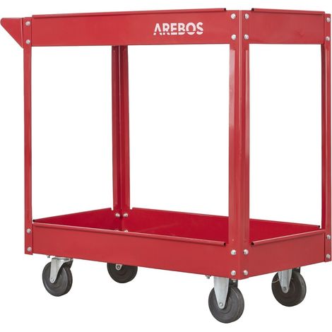 AREBOS Tool Trolley 2 Level Mobile Workshop Trolley Cart Storage Shelf on Wheels - Red