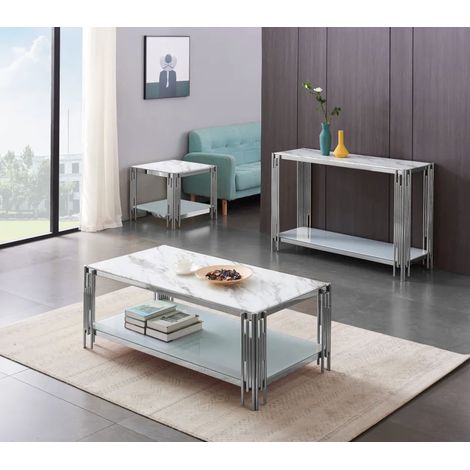 Table Basse FLUTE Chrome verre Marbre Blanc120x60x45 cm