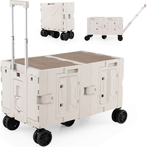 Grand Chariot de Plage Pliable avec Caisses de Rangement à 2 Niveaux, Chariot Portable avec 5 Roues Pivotantes Poignée Télescopique en Métal, Blanc (1/5)