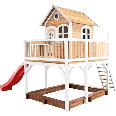 Axi Liam Maison Enfant Avec Bac À Sable & Toboggan Rouge  Aire De Jeux Pour L'Extérieur En Marron & Blanc  Maisonnette / Cabane De Jeu En Bois Fsc