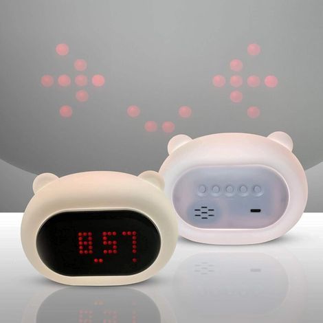 Réveil veilleuse LED – couleur, intensité lumineuse, mélodies et sons réglables – matériau durable et doux – visages et sons amusants – pour enfants