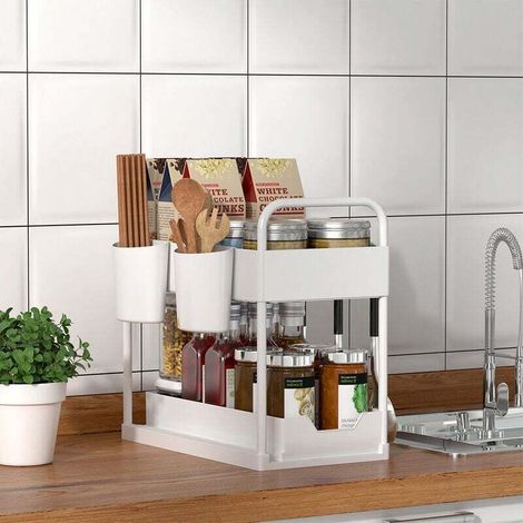 Étagère à épices multifonction à 2 niveaux pour cuisine/salle de bain coulissante avec crochets - Blanc (1/5)