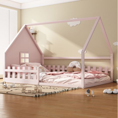 Cama infantil casita 140x200 cm pino y MDF rosa OKMYHOME (1/5)