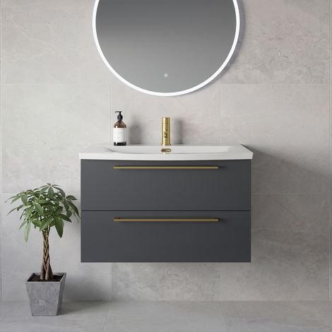 Napoli 390 Gloss Grey 800mm Wall Mounted 2 Drawer Vanity Unit with Arc Basin - 800mm - Brushed Brass 480mm Handle