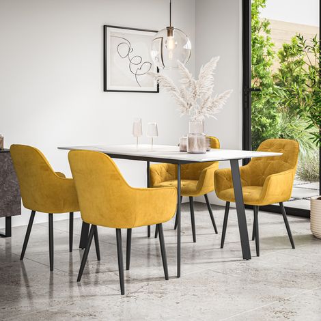 Haydon Extending Dining Table + Chairs- White Marble Effect Table Top w Black Legs + Anika Velvet Dining Chair Set Of 6 (Mustard) (1/5)