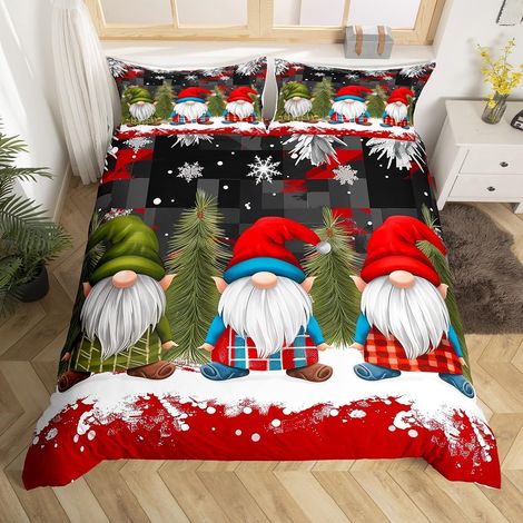 Housse de Couette 140x200 Enfant Joyeux Noël, Parure de Lit Père Noël pour Garçon Fille, Sets de Housses de Couettes GNOME Flocon de Neige, Couvre Lit À Carreaux Géométrique Noir - 140x200cm + 1 Taie (1/5)