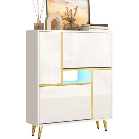 Armoire à chaussures moderne, blanche, avec façades brillantes et éclairage LED RGB 16 couleurs (80 x 25 x 96 cm), rangement mural ou au sol, design élégant pour entrée ou dressing