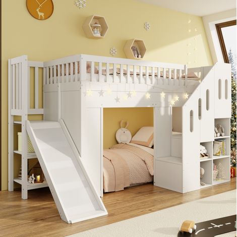 Lit mezzanine enfant 249x146x145 cm pin/MDF blanc avec toboggan, rangement, sans matelas – MEUBLIV (1/5)