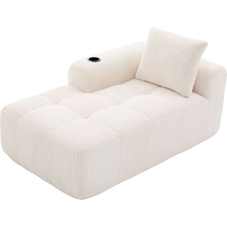 Sofá chaise longue individual de corduroy beige sin montaje con cojín, bolsillo lateral y portavasos (1/5)