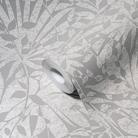 Papier peint floral gris et argent Tapisserie feuillage style jungle tropical Papier peint intissé et embossé idéal pour couloir (1/5)