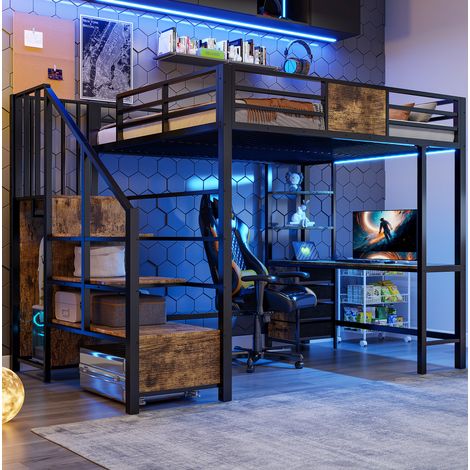 Cama alta 140x200 cm con escritorio, almacenaje y LED, de metal, negra, sin colchón (1/5)