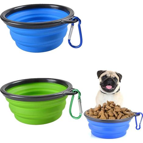 Lot de 2 gamelles de voyage pliables pour animal de compagnie,Avec couvercle et crochet,En silicone,Portable,Pour chat, chien, voyage, randonnée et camping,350 ml,Bleu clair et bleu clair gamelle (1/5)