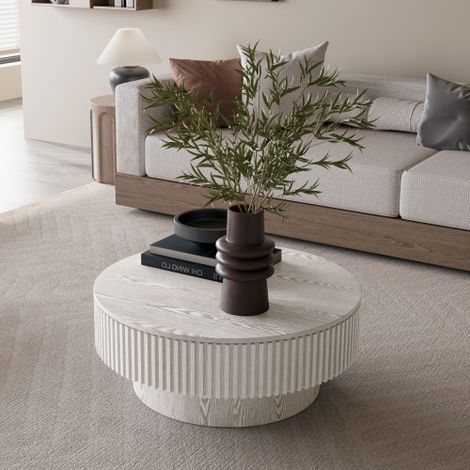 Table basse ronde de 75 cm,table de salon avec rangement,table basse moderne plaquée en bois massif,table à thé d'appoint pour salon,chambre à coucher,appartement ou bureau,blanc rétro (1/5)