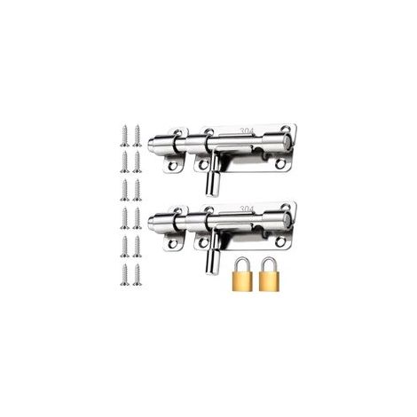 Lot de 2 verrous de porte en acier inoxydable 304 - Verrou coulissant avec deux serrures pour portes et fenêtres - Verrou de serrure pour verrouillage de portes intérieures et extérieures