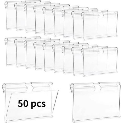 Confezione da 50 clip per etichette per scatole portaoggetti. Clip in plastica per etichette, ideali per cestini e scaffali in filo metallico. Possono essere utilizzate come porta-etichette e per altr (1/5)