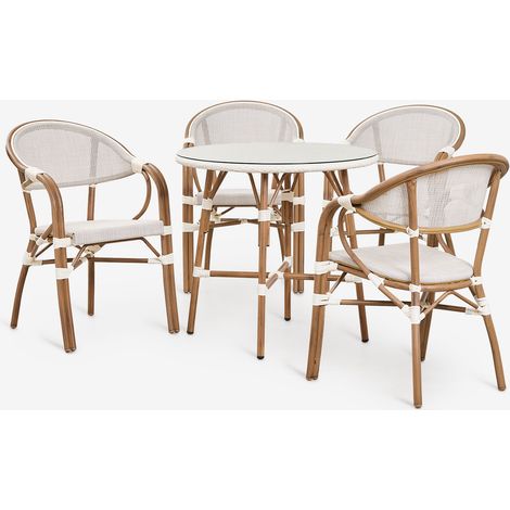 SKLUM Brielle Bistro-Set mit 80 cm rundem Tisch und 4 stapelbaren Aluminium-Gartenstühlen mit Armlehnen Gardenia Weiß                                  