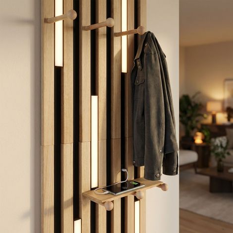 Applique a LED Lampada da parete pannello appendiabiti legno corridoio luce mensola gancio nero USB, metallo, 1x LED 15 W 975 lm bianco caldo, LxAxP 55x110x12,8 cm