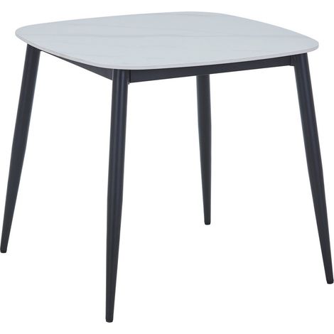 Square Dining Table with Gloss White Top and Black Tapered Legs - Sintered Stone/Metal - L80 x W80 x H73 cm - Flat Packed
