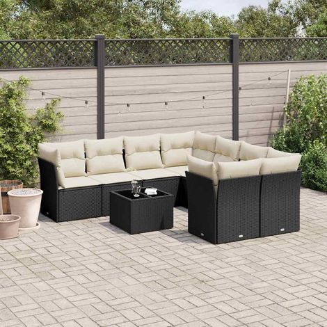 Ensemble Salon Jardin 9 Places Noir Résine Tressée avec Coussins Crème - Table Verre Trempé - Meuble Extérieur Modulaire (1/3)