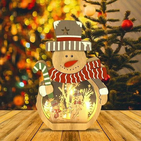 MINE LED en bois Noël Père Noël Bonhomme de neige Décoration Lumière lumineuse Noël Bureau Ornement Table de Noël Figurine Cadeau pour les fêtes Maison Intérieur (Bonhomme de neige) (1/5)