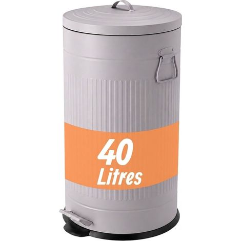 Relaxdays poubelle à pédale rétro, 40 L, H x D : 67 x 35 cm, métal, seau intérieur amovible, softclose, grise