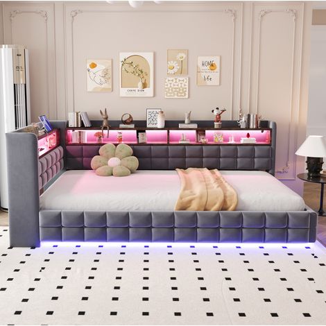 Cama sofá tapizada 90x200 cm moderna, terciopelo gris, arcón hidráulico, estantes de madera, LED, USB y Type-C (1/5)
