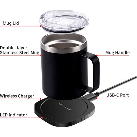 Chauffe-tasse à café 2 en 1 et chargeur sans fil avec couvercle de tasse 55 ℃/131 ℉ Température constante intelligente 10,5 oz Boisson en acier inoxydable 304 double couche de qualité alimentaire pour (1/5)