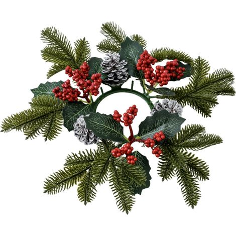 Couronne Pour Bougie - Couronne En Feuillage Artificiel Avec Baies Rouges Et Cônes De Pin - Pour Décoration De Table De Noël - Diamètre 30 Cm (1/5)