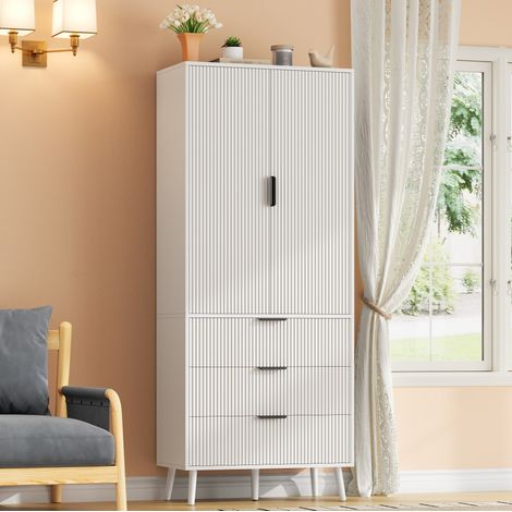 MODFU – Armario de almacenamiento 75x35x180 cm de MDF con 2 puertas, 3 cajones, estantes regulables, antivuelco y carga 50 kg – Blanco (1/5)