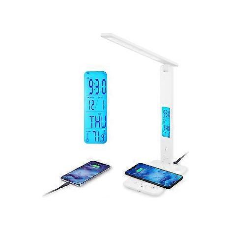 Umweltfreundliche LED-Schreibtischlampe, smarte kabellose Ladestation, USB-Ladeanschluss für Geräte, Digitaluhr, einstellbare Lichteinstellungen – für Ihr Zuhause