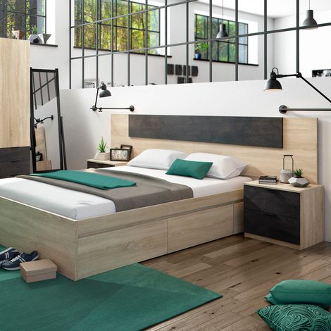 Tête de lit 160 cm avec 2 chevets amovibles et 2 tiroirs - Noir et chêne - TL81016 (1/5)