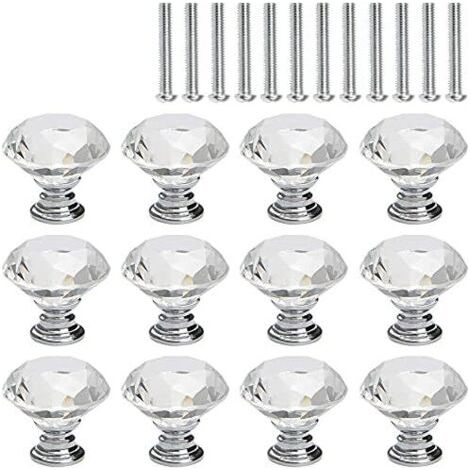 12 Pcs Bouton de Meuble Cristal, Poignée Bouton de Porte Placard Meuble Tiroir, Diamant de Verre Cristal Transparent, Base en Argent
