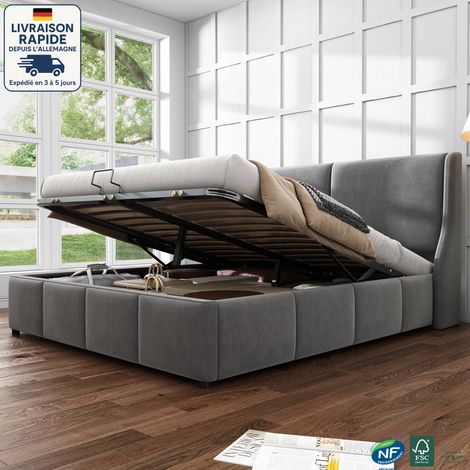 Lit coffre 140x190cm, lit double en velours, sommier à lattes, sans matelas, lit adulte, gris, (1/5)