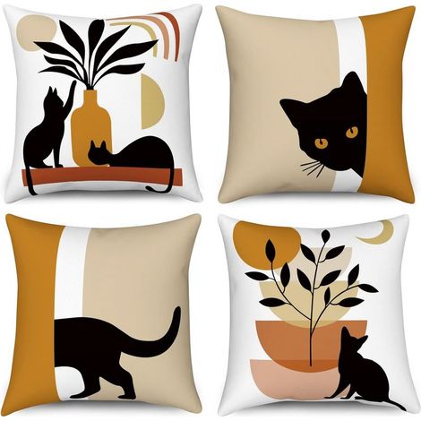 Housses de coussin bohème 45 x 45 cm, lot de 4 (coussin non inclus), taie d'oreiller décorative abstraite avec chat noir, plante, soleil et lune, housse de coussin moderne en lin, art minimaliste (1/5)