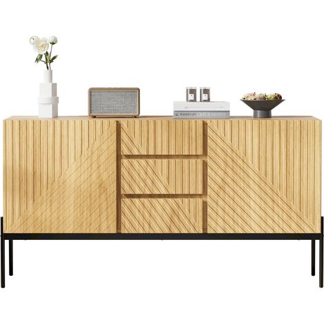 Buffet TV 2 portes et 3 tiroirs, meuble de rangement en panneaux de particules avec pieds métal, style lignes, H75 x L140 x P40 cm - CHICFURN (1/5)