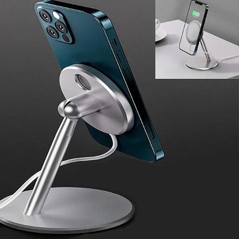 Support de téléphone magnétique sans fil avec chargeur de bureau réglable en aluminium argenté (1 pièce) (1/4)