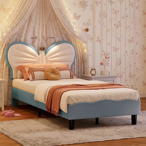 Lit Fille 90x190 cm avec Lampes LED, Lit Enfant Fille avec Tête de Lits réglable en Forme de Papillon et Lattes en Velours, sans Matelas, Bleu