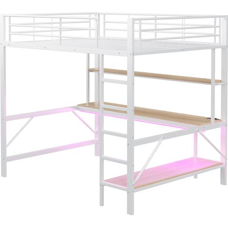 Lit mezzanine 140x200 cm, garde-corps, échelle, USB et prise, LED, bureau, étagère multi-niveaux, métal, blanc, matelas non inclus (1/5)