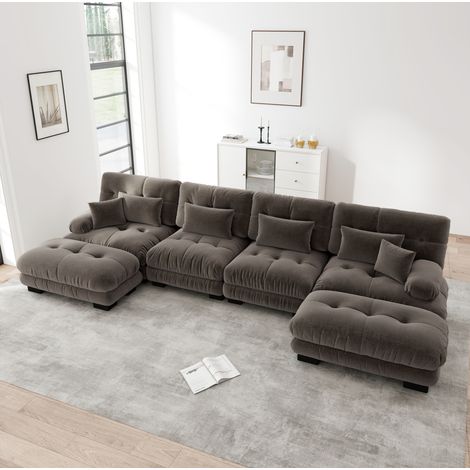 Sofá modular 4 plazas 406/145/81 cm de chenilla marrón con otomanas móviles (1/5)
