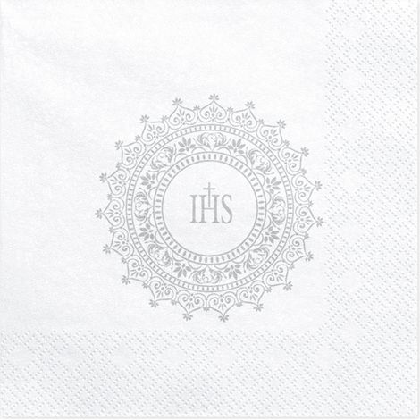 Servilletas de comunión IHS de 33x33 cm, color plata, 20 unidades. (1/2)