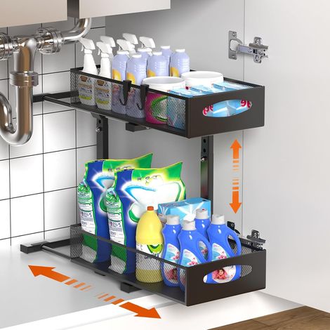 Rangement sous Évier en Métal, 2 Niveaux Étagère sous Évier Coulissant de Cuisine avec Hauteur Réglable, Organisateur sous Évier pour Placard de Cuisine, 1 Pièce, Noir (1/4)