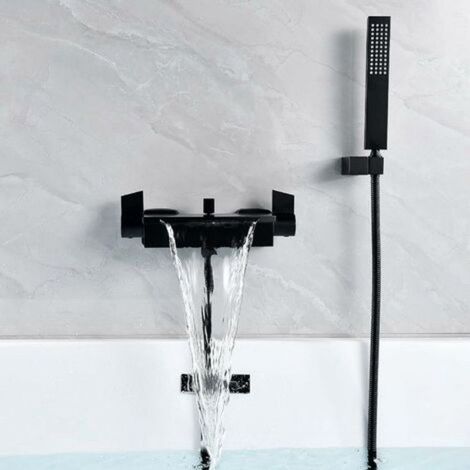 Mitigeur de baignoire cascade mural – Avec pommeau de douche – Chaud et froid – Noir (1/4)