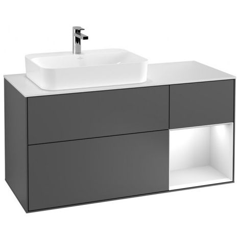 Finion, Meubles sous lavabo, 1200 x 603 x 501 mm, Angulaire,avec meuble étagère (éclairé), modèle suspendu, En bois, lavabo à gauche, éclairage LED, 1x LED / 2,3W, 2x LED / 4,2W, 2700 K à 6480 K, Peon