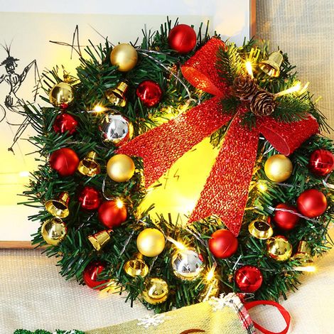 Weihnachtskranz mit 20 LED-Lichtern und Glöckchen, Lichterkette mit Zweigen für Wohnzimmer, Kamin und Fenster (1/5)