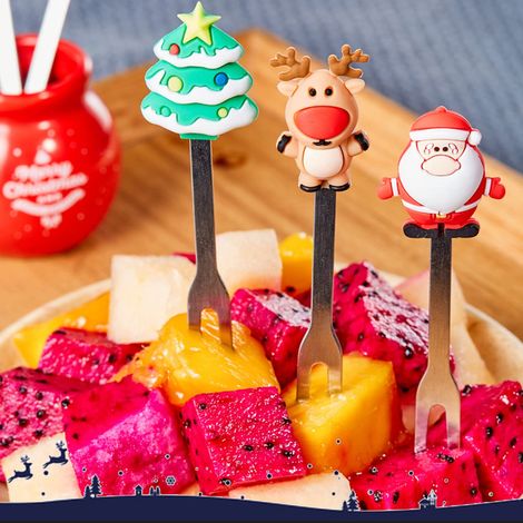 Fourchette à fruits en silicone pour Noël, fourchette à salade, fourchette pour enfants en acier inoxydable avec porte-gobelet en céramique, fourchette à fruits réutilisable, cadeau de Noël (1/5)