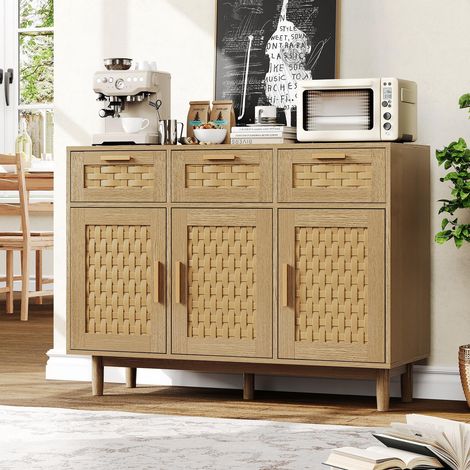Credenza 107,9x40x80 cm con 3 cassetti e 3 ante, madia contenitore stile scandinavo, pannelli truciolari, naturale