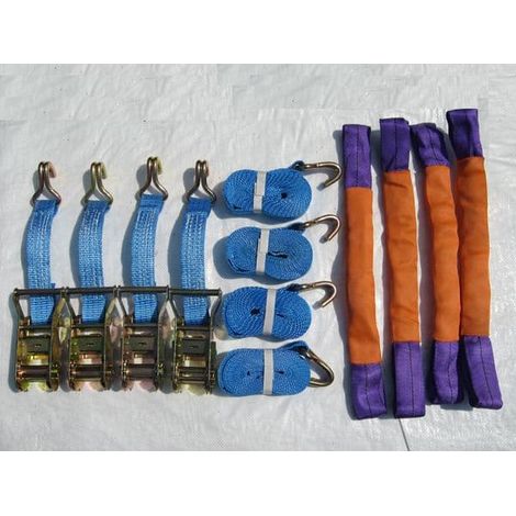 Recovery Ratchet Strap Set x4 (35MM x 4M Round Sling Alloy Wheel Tie Down Trailer Kit)